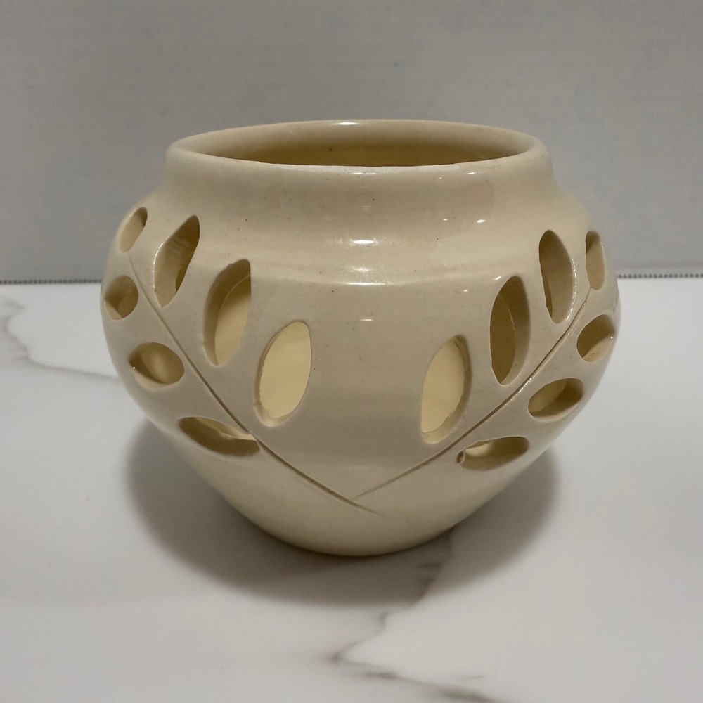 Vintage Handmade Ceramic Pottery Candle Luminary Cutout Pierced Leaves Signed